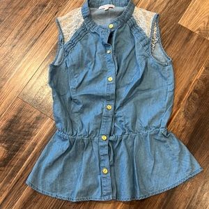 Woman’s Denim tank top, Small, gold button, lace shoulders